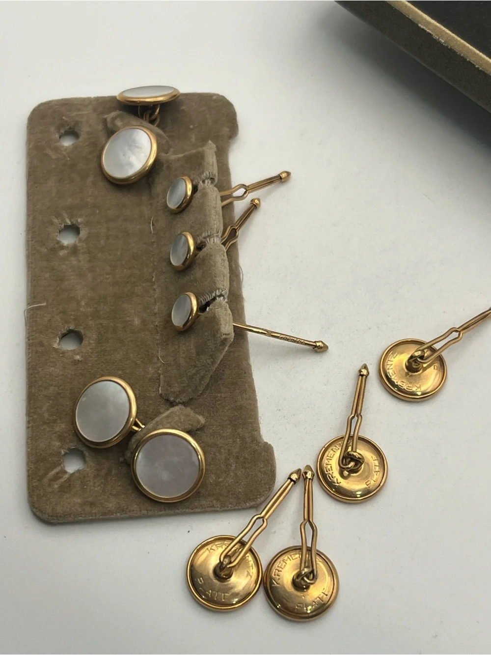 1930’s Krementz Art Deco Gold Plate Mother of Pearl cuff links shirt vest studs